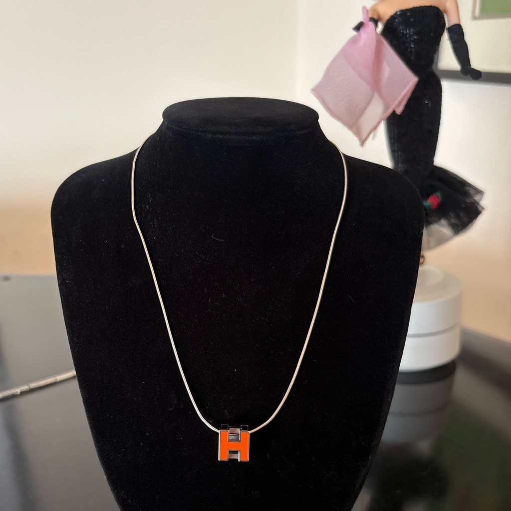 Hermes Orange Pop H Pendant Necklace 925 Silver Chain - Authentic